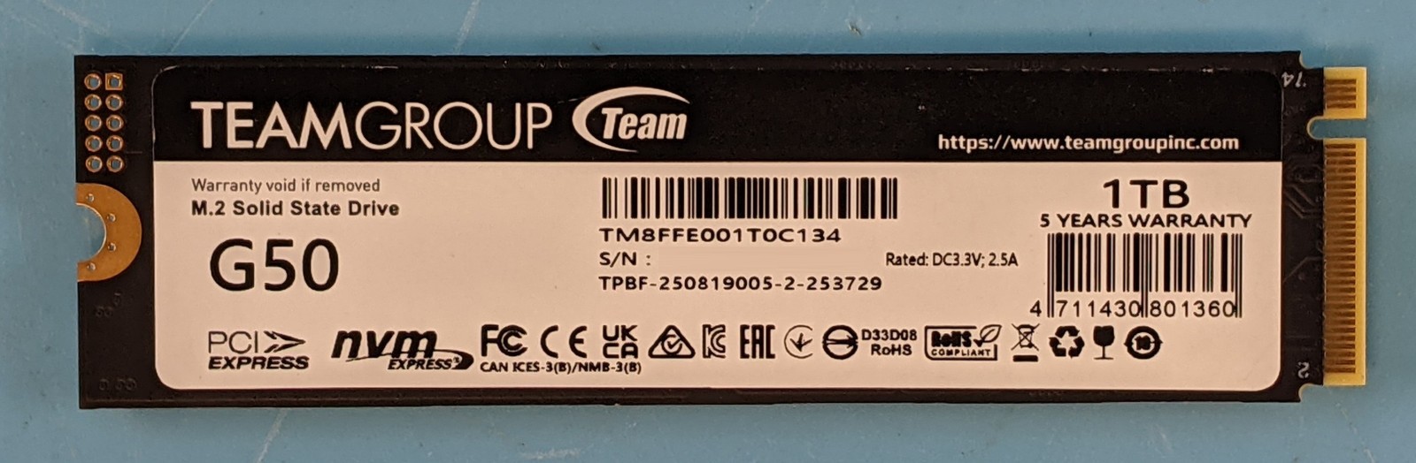 Team Group T-FORCE G50 TM8FFE001T0C134 SSD 1TB M.2 PCI-E 4.0 DRAM-Less