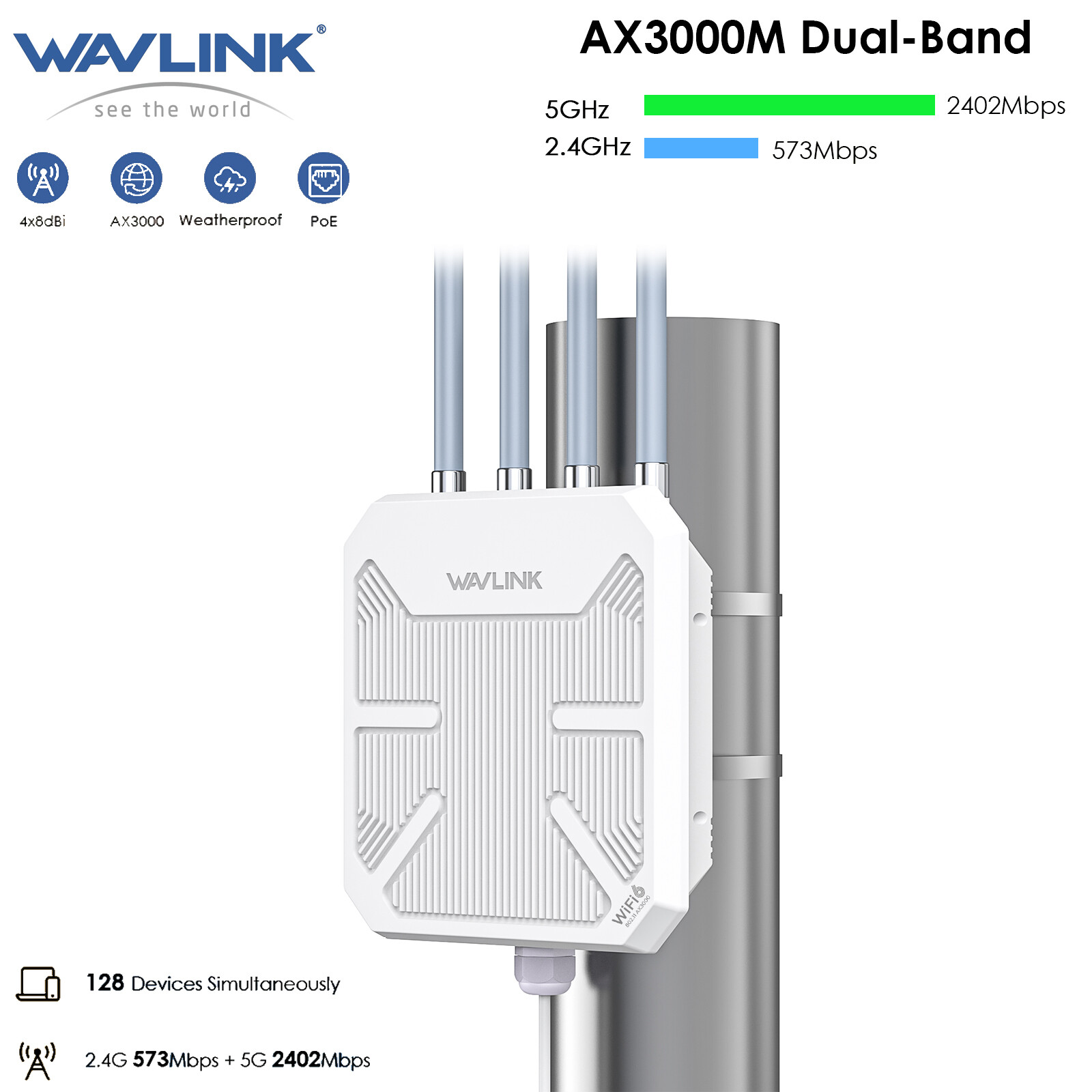 AX3000 Outdoor Router WiFi 6 Gigabit Dual Band IP67 Weathproof up to 256 Devices