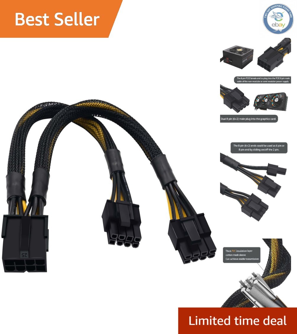 Versatile 8 Pin PCIe Splitter Cable - Dual Outputs for GPU Power Needs (Braided)