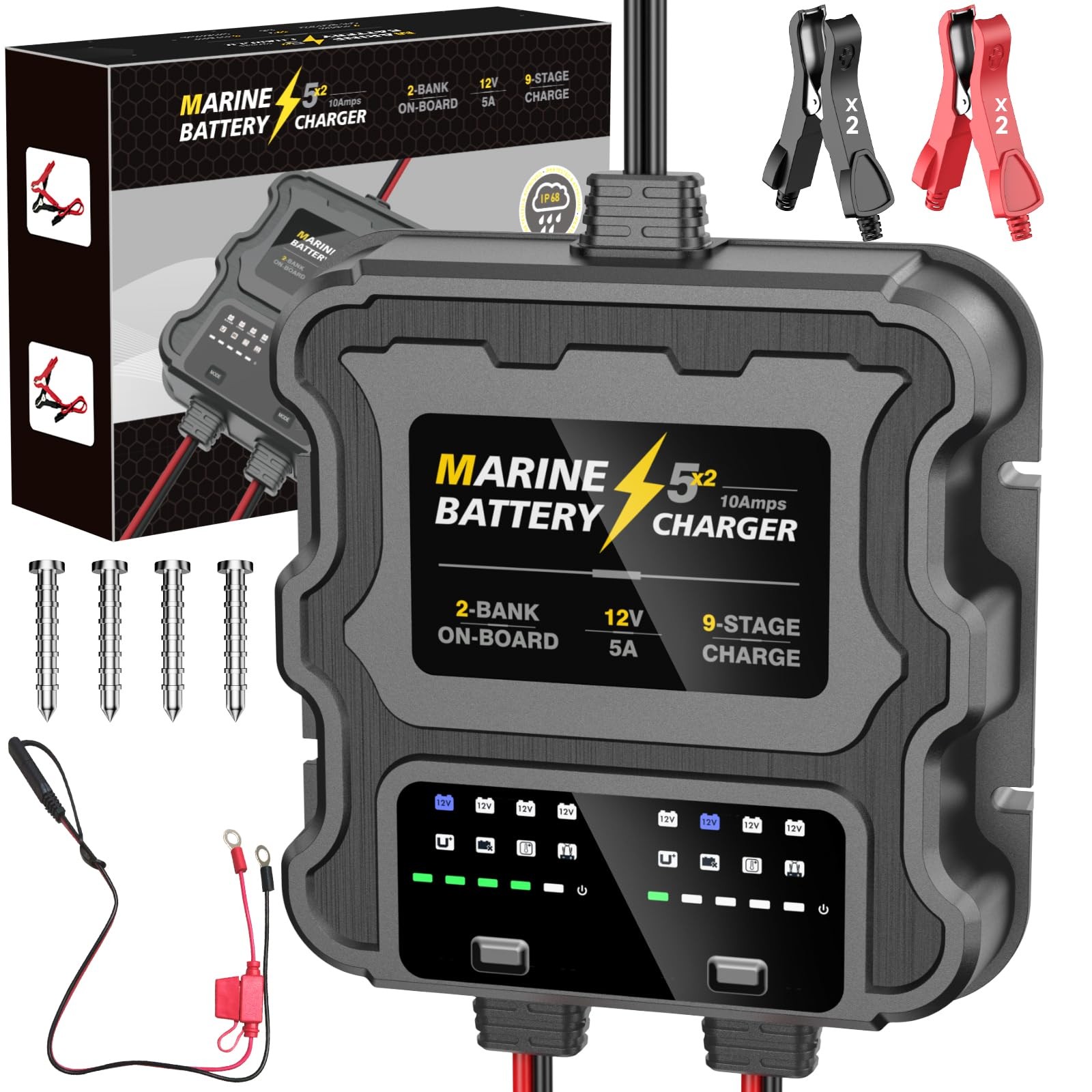 Smart 2 Bank Marine Battery Charger 10A 12V Waterproof for AGM Lithium
