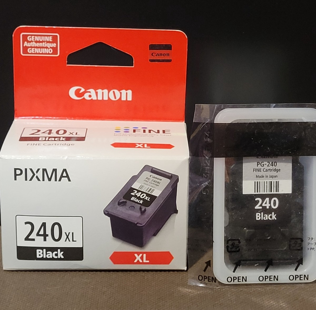 TWO Sealed Genuine Canon PIXMA 240 & 240 XL Black Ink Jet Cartridges PG-240 Fine