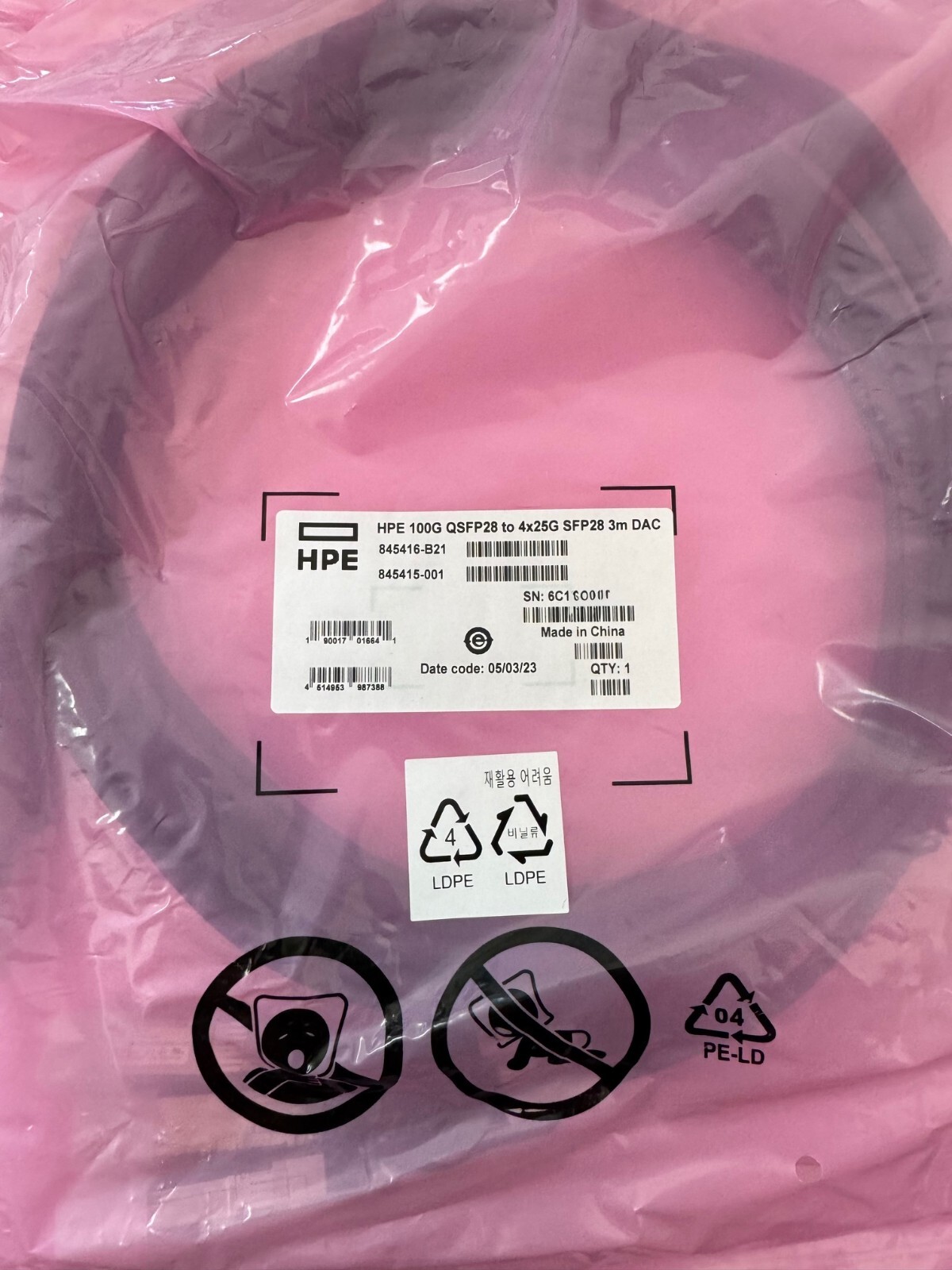 HPE 100Gb QSFP28 to 4x25Gb SFP28 3m DAC Cable 845416-B21