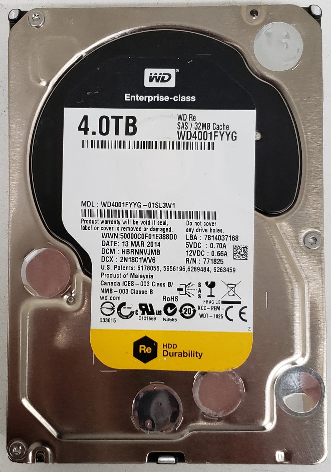 Western Digital WD4001FYYG 4TB 3.5" 6Gb/s SATA HDD 7200RPM P/N:WD4001FYYG01SL3W1
