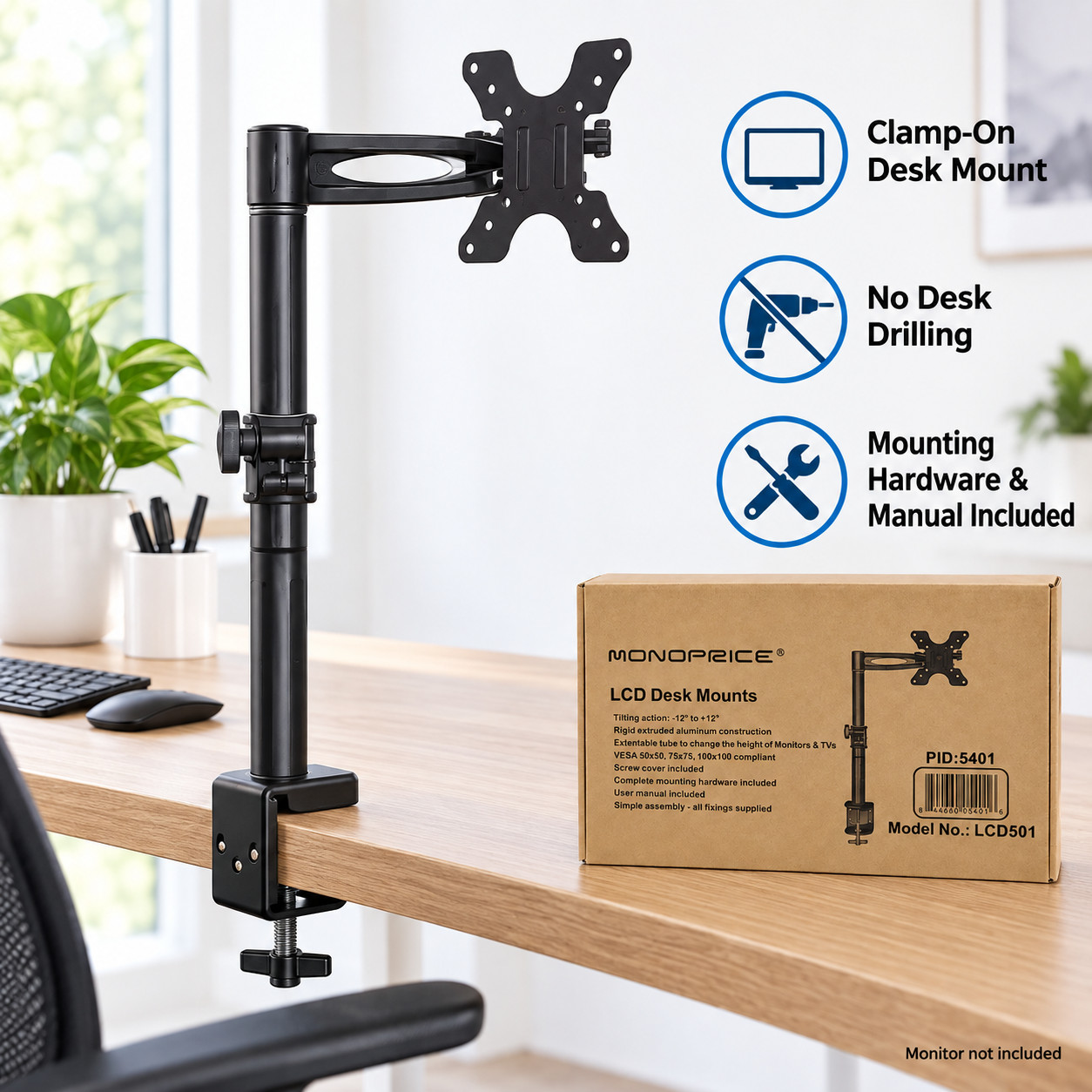 Monoprice LCD501 Adjustable LCD LED Monitor Desk Mount VESA 100x100 Black