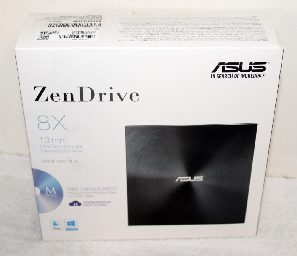 Asus SDRW-08U7M-U Zen Drive 8x Ultra Slim External USB 2.0 DVD Writer New in Box
