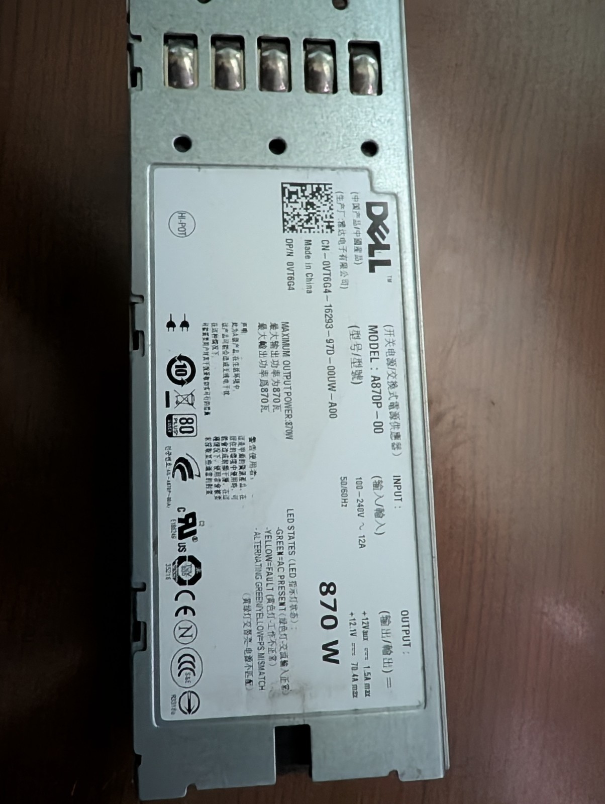 Dell Power Supply for VT6G4, R710, T610 870W, PT164, YFG1C, A870P-00