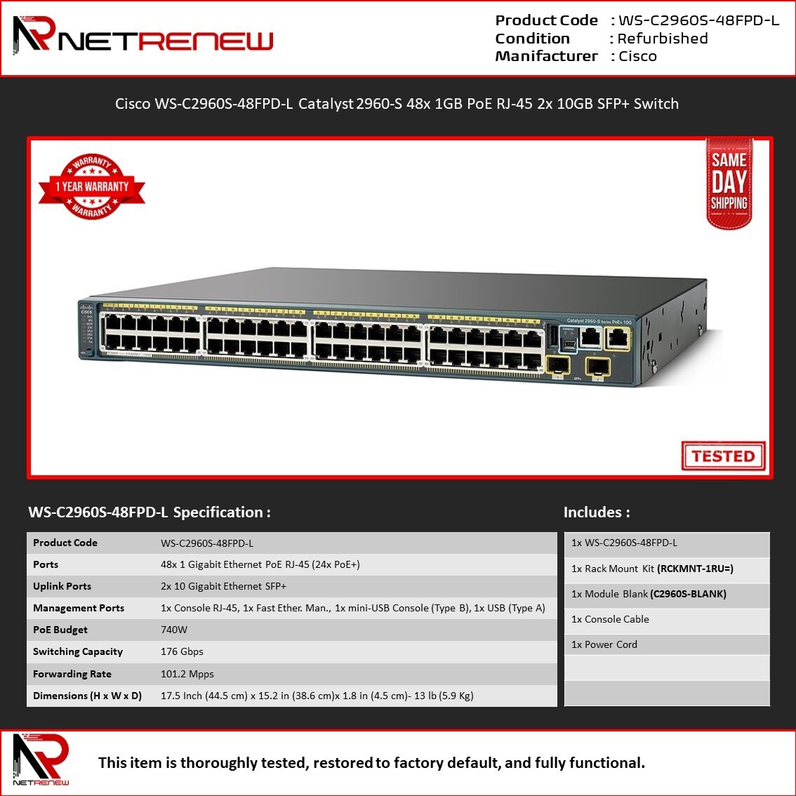 Cisco WS-C2960S-48FPD-L Catalyst 2960-S 48x 1GB PoE RJ-45 2x 10GB SFP+ Switch