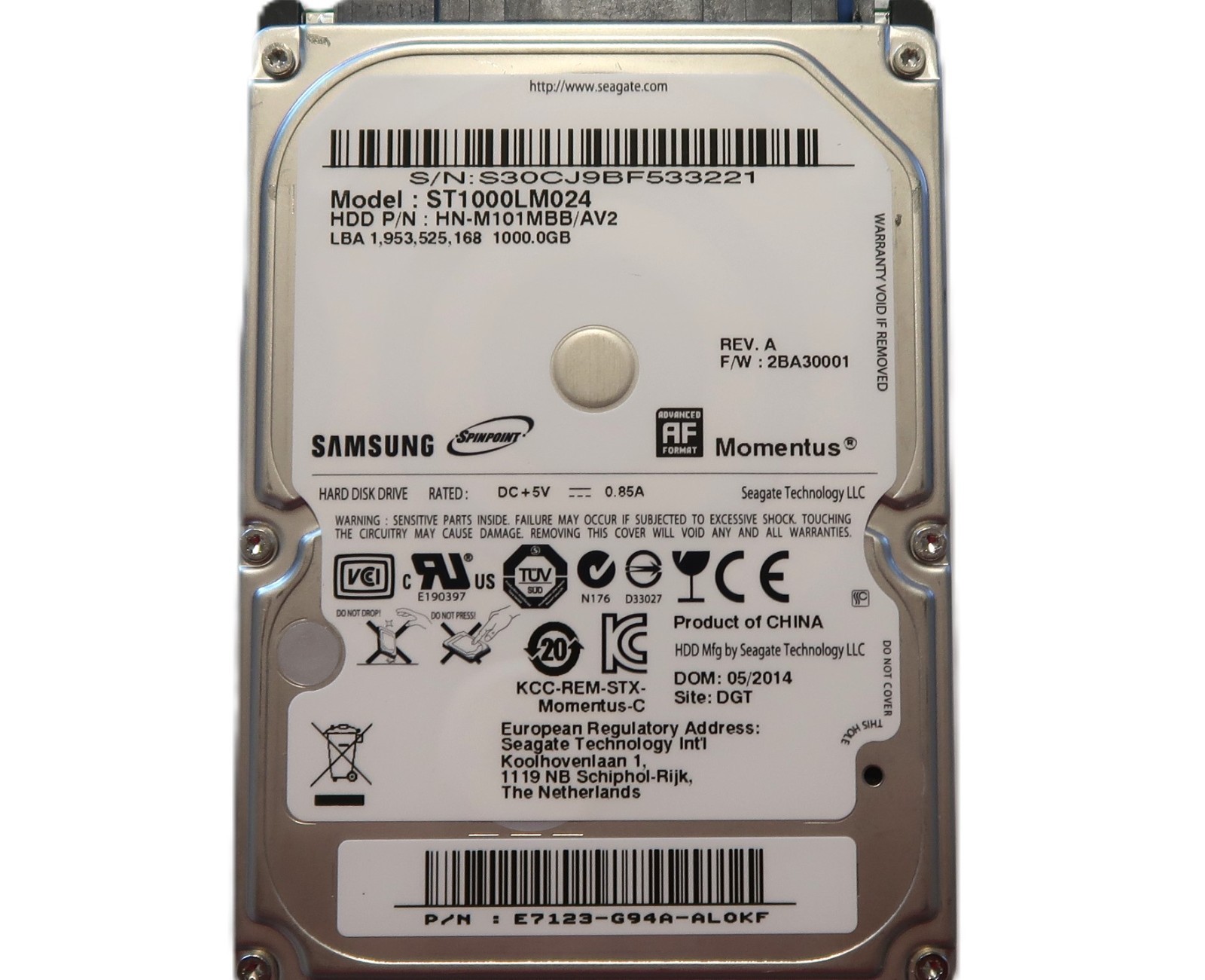 ST1000LM024 HN-M101MBB/AV2 2BA30001 E7123-G94-AALOKF 2.5" 1000gb HDD 05/2014