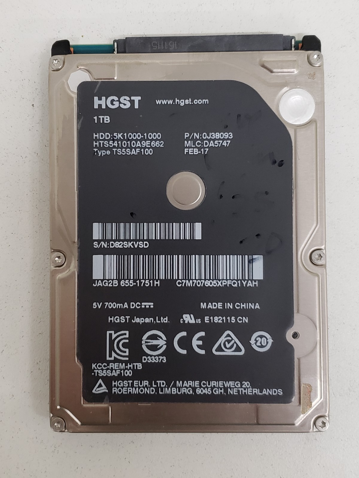 HGST HTS541010A9E662 1TB 2.5in SATA III 5400 RPM Hard Drive HDD P/N: 0J38093.