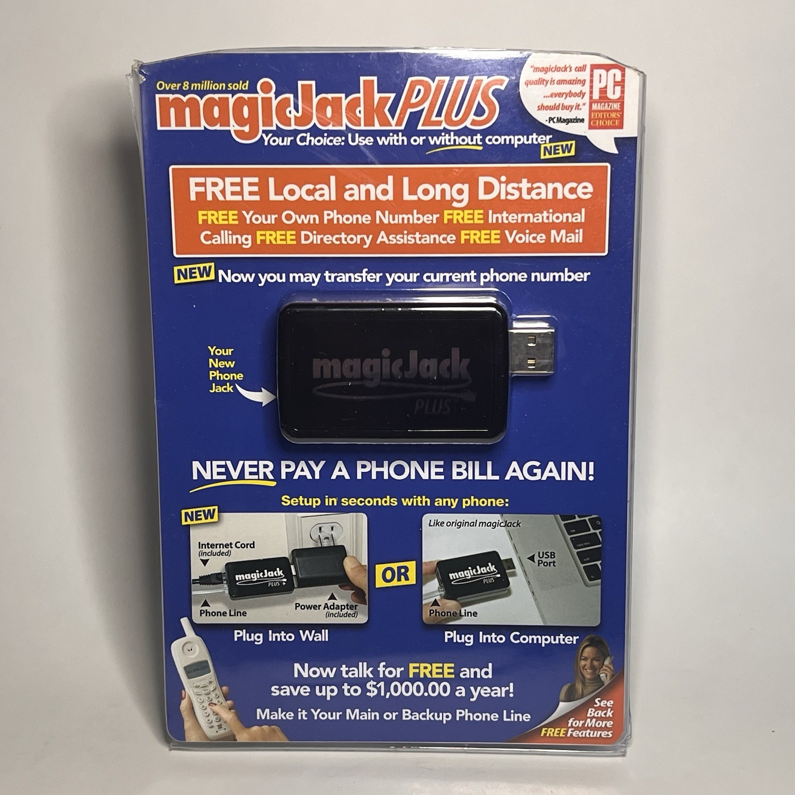 magicJack PLUS VoIP Phone Adapter USB, 1 Line, Caller ID, Black