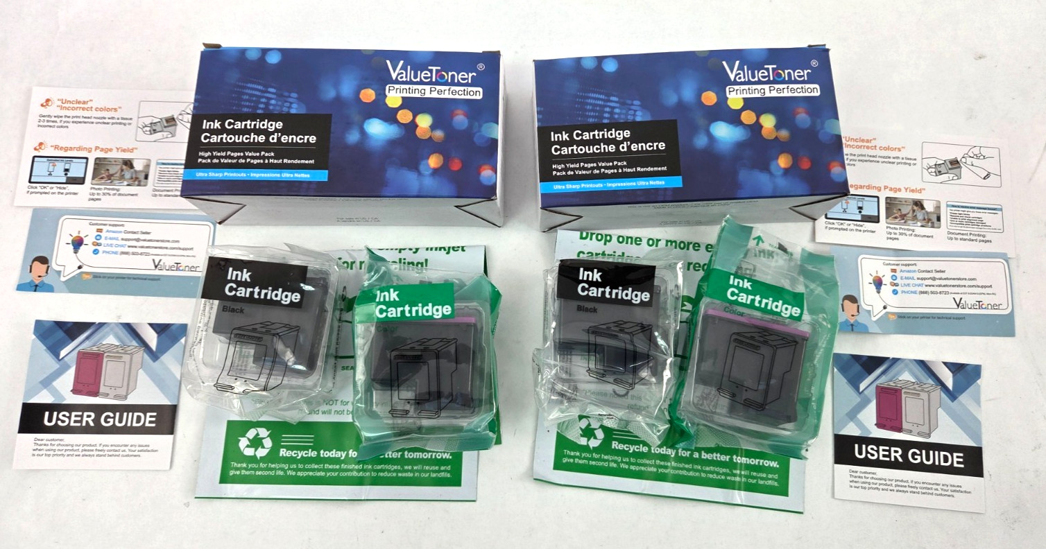 (LOT of 2) NEW ValueToner 2-PK HP 62XL Black & Tri-Color Ink Cartridges (2026)