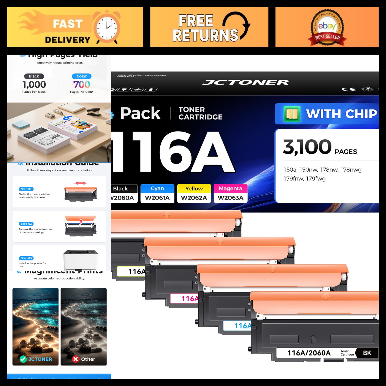 High Yield 116A Toner Cartridge Set 4-Pack - Compatible for HP Color Laser Print
