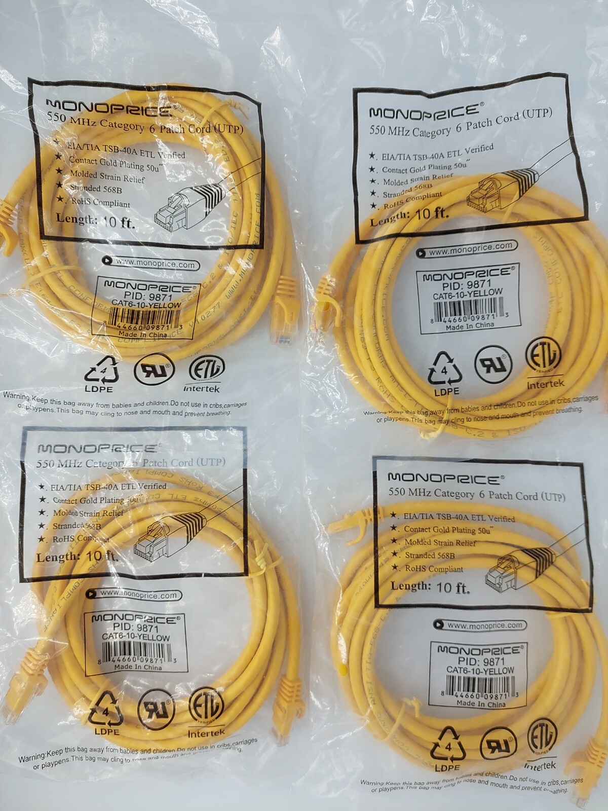MONOPRICE 9871 Patch Cord Cat 6 Flexboot Yellow 10ft Ethernet Cable 4 pack