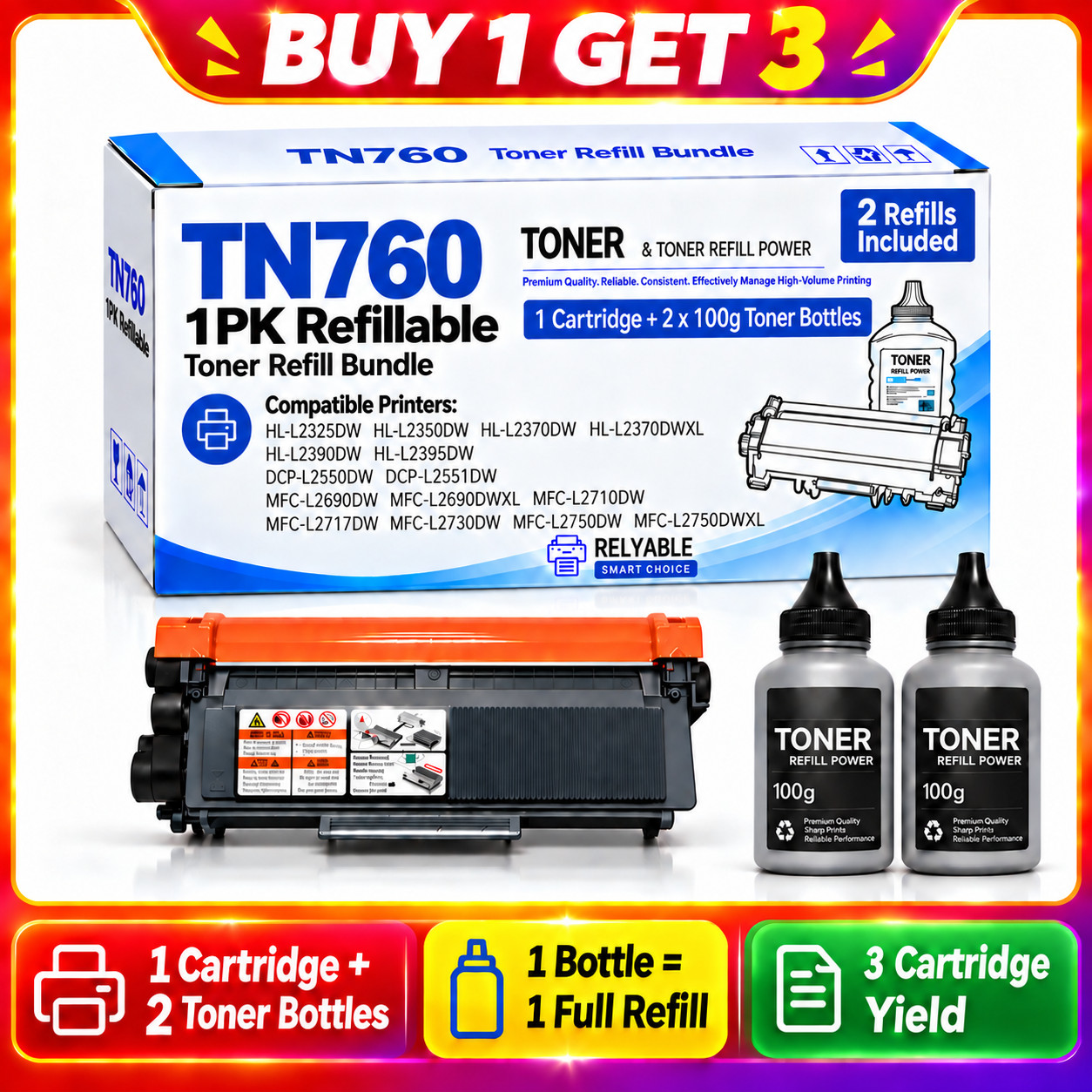 TN 760 Brother Toner Cartridge Replacement Refillable 1PK + 2 Toner Refills