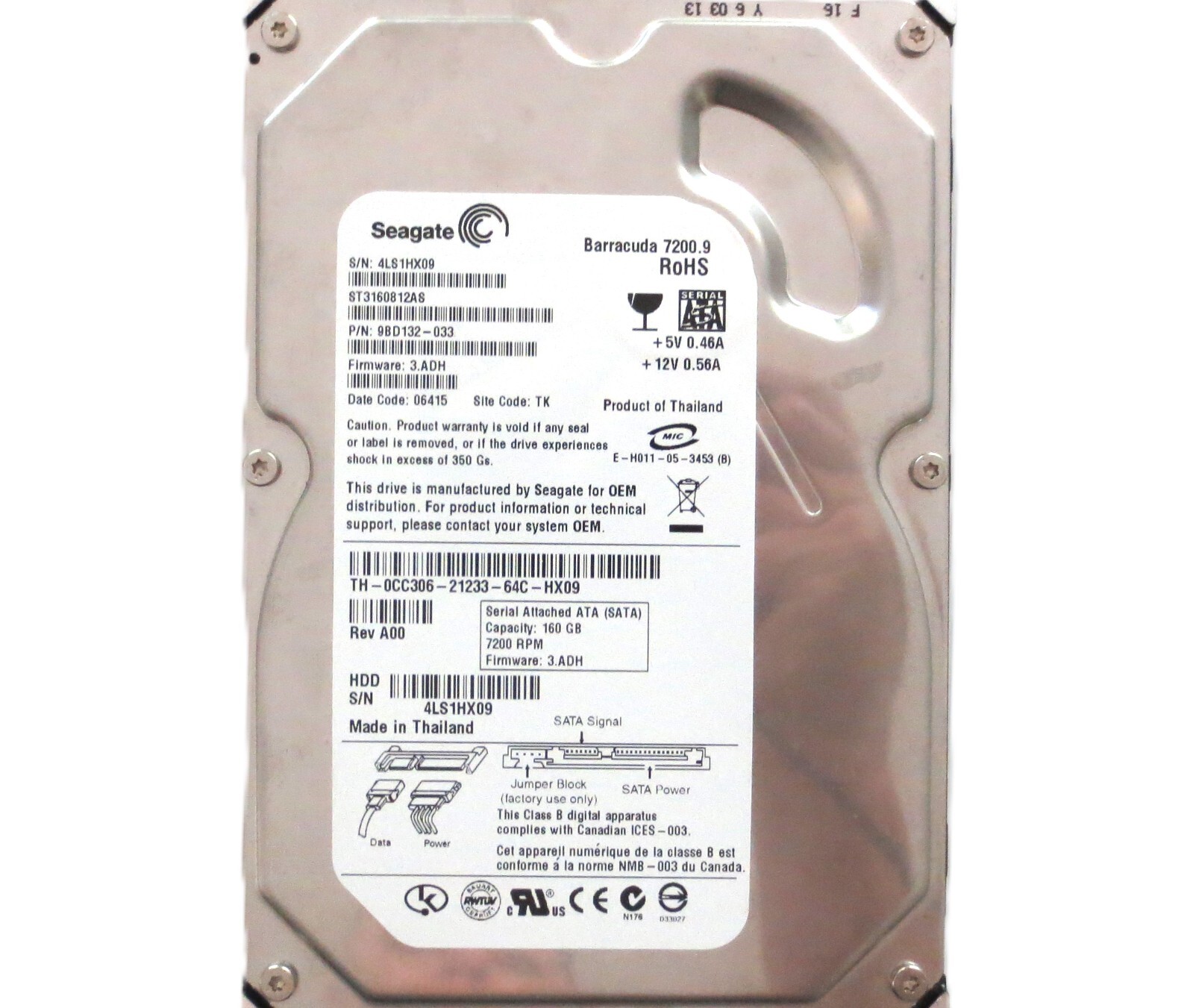 Seagate ST3160812AS 9BD132-033 3.ADH TK (4LS) Thailand 160gb Sata HDD 04/2006