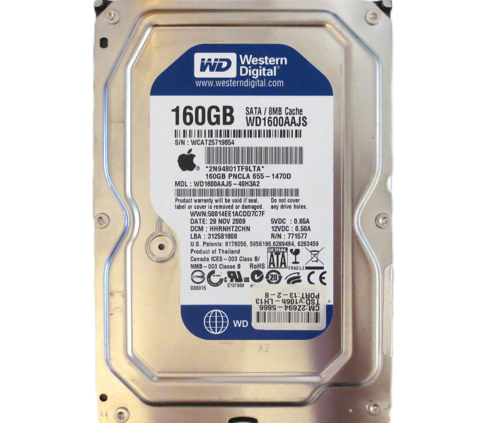 WD WD1600AAJS-40H3A2 HHRNHT2CHN (WCA) Thailand 160gb 3.5" Sata HDD 29NOV2009