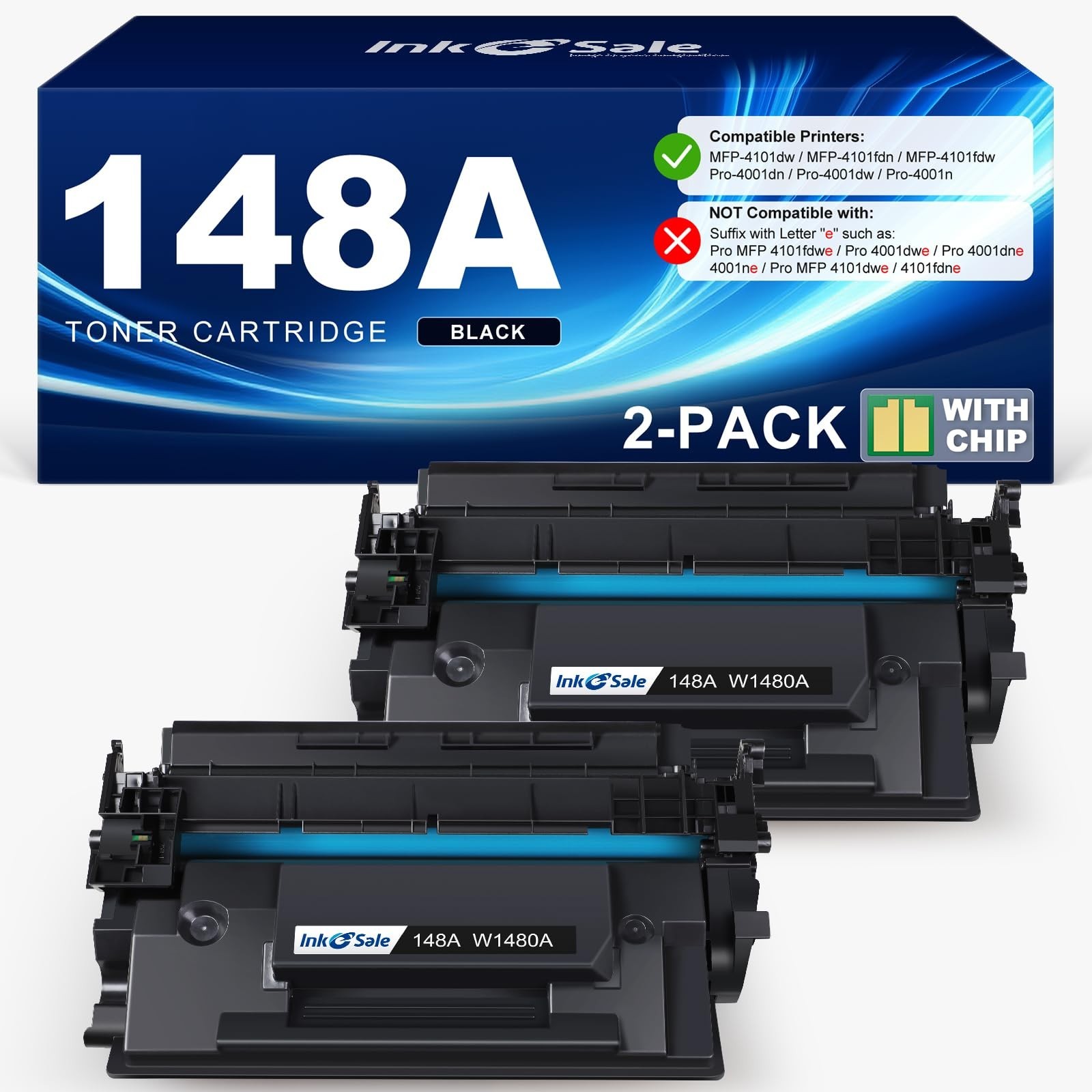 INK E-SALE 148A Black Toner Cartridge 2 Pack for HP Pro MFP 4101fdw 4001dw W1480