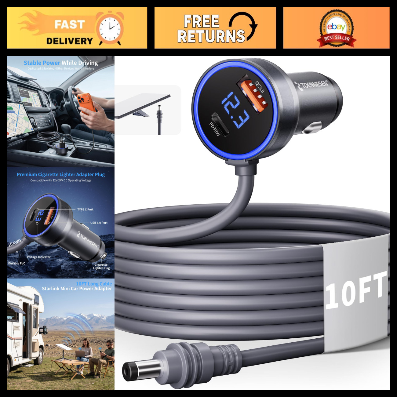 Mini Car Adapter with 10FT DC Power Cable - Durable 16AWG for Starlink Setup