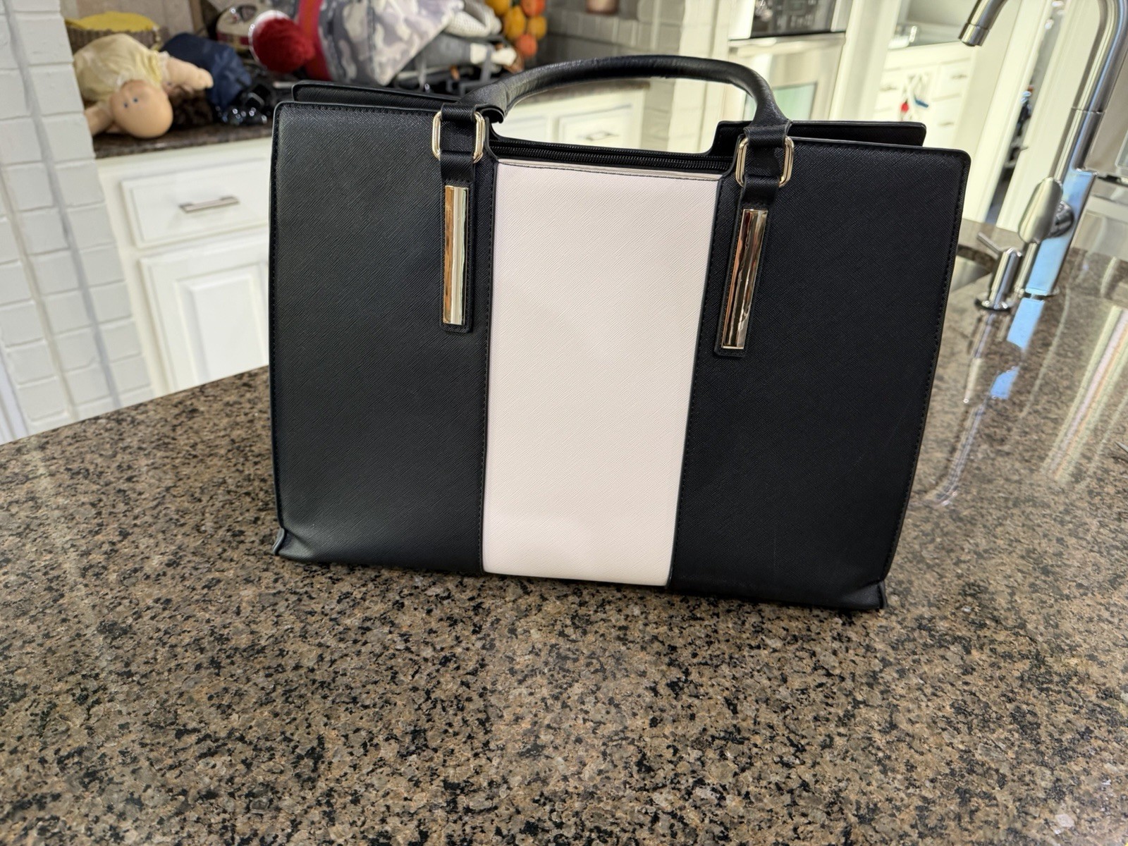 LOVEVOOK Black & White Structured Laptop Work Tote Bag with USB Charging Port