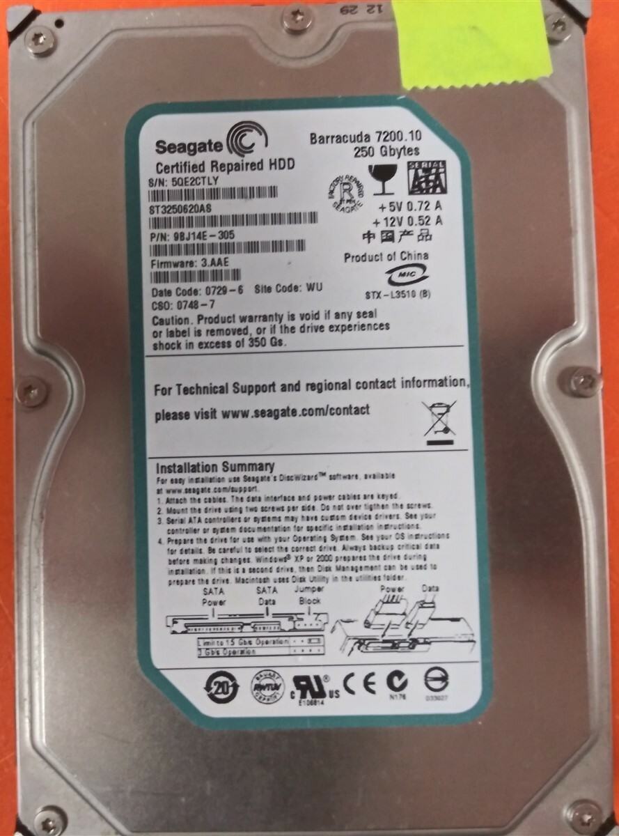 ⭐️⭐️⭐️⭐️⭐️ HDD Hard Drive SATA Desktop 3.5" Seagate ST3250620AS 250GB 9BJ14E-305