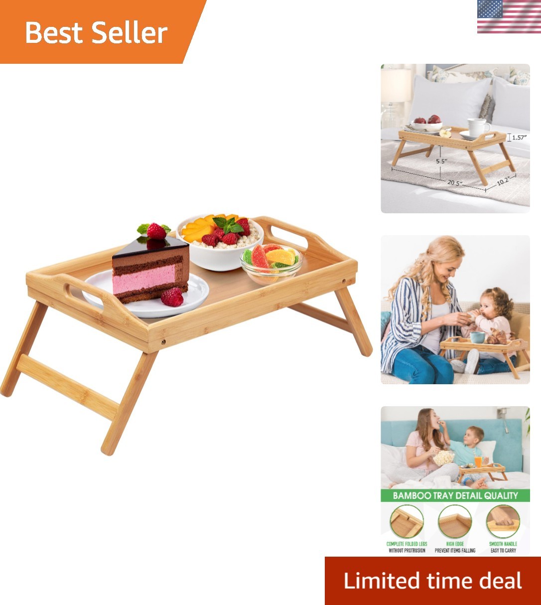 Elegant Bamboo Folding Bed Tray with Handles – Perfect for Breakfast & Snacks