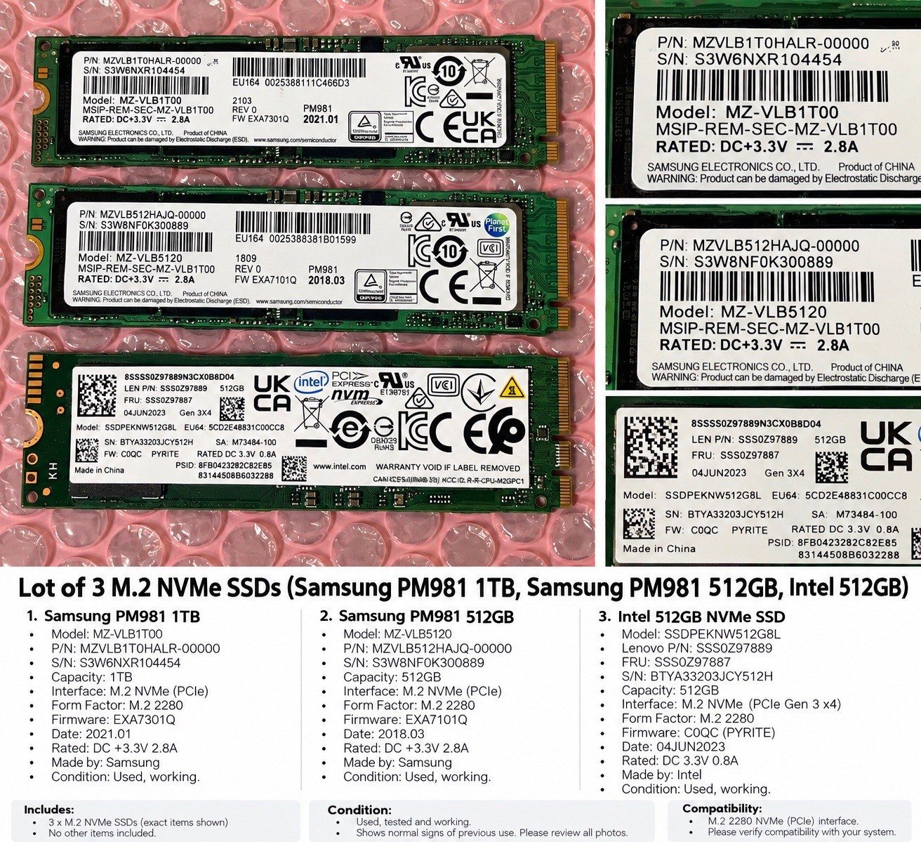 Lot of 3 Samsung PM981 NVMe M.2 SSD 1TB 512GB PCIe 2280 Tested Working