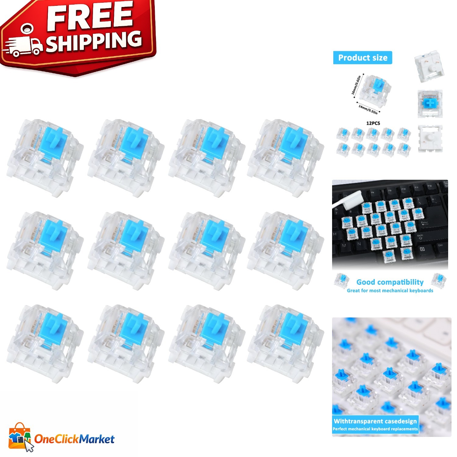 12 Blue Clicky Key Switches for Mechanical Keyboards - Waterproof and Dustproof