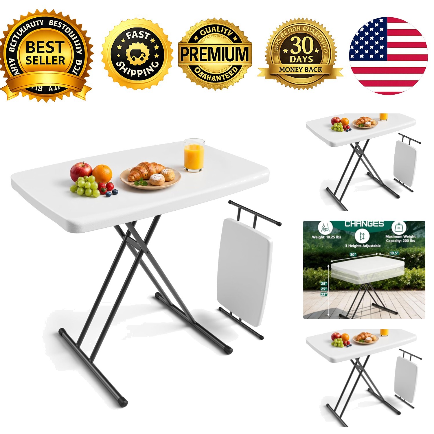 Folding Table 30 Inch Adjustable Height TV Tray Laptop Desk Heavy Duty White