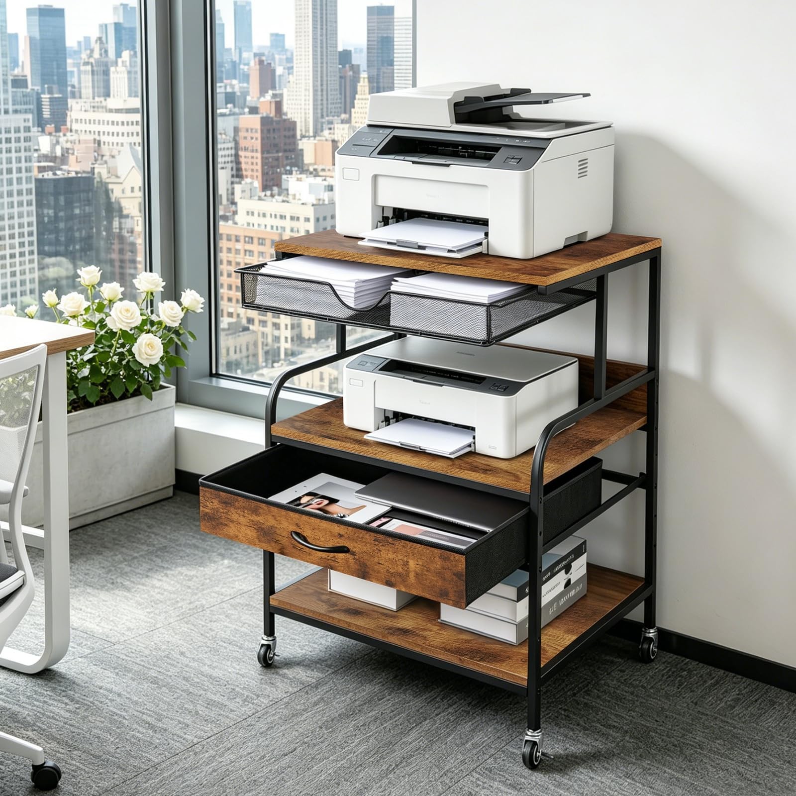 23.6''x18.9'' Large Printer Stand with Drawer, 3 Tier Printer Table with Wheels