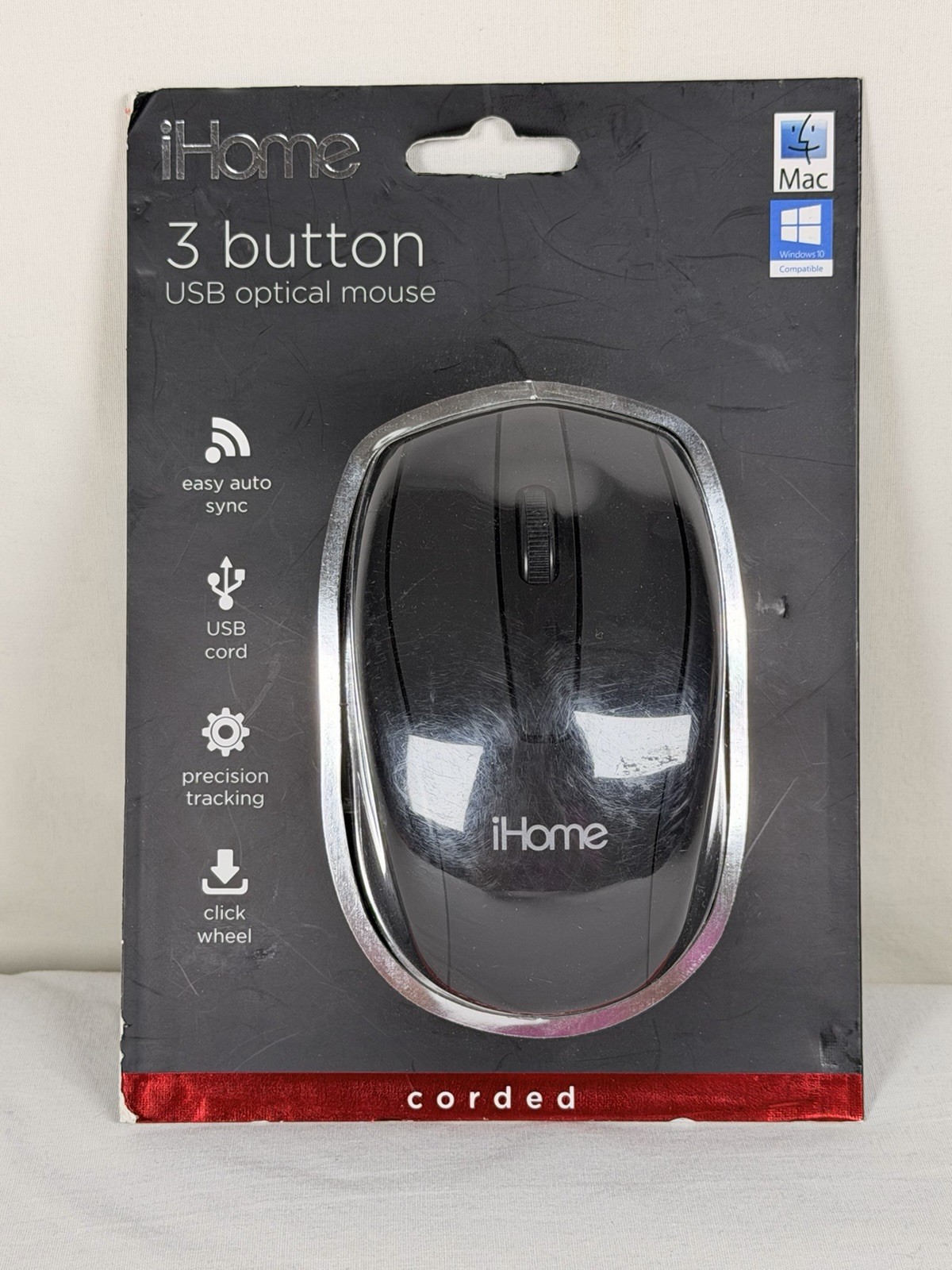 iHome 3 Button USB Optical Mouse Black Corded PC Mac NEW