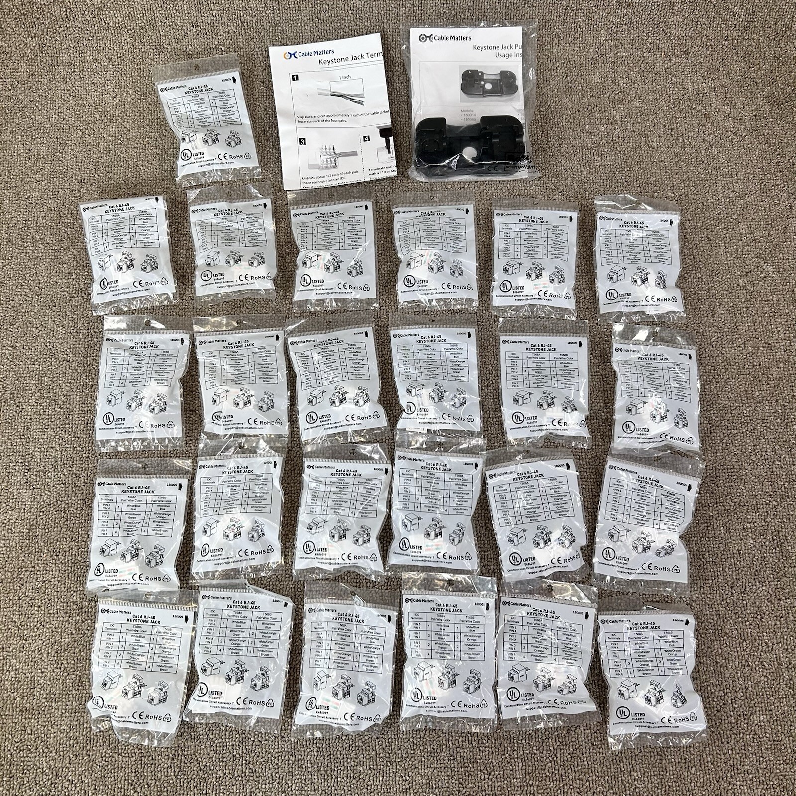 Cable Matters Cat6 RJ45 Keystone 25-Pack White Modular Jack w/ Punch Down Stand