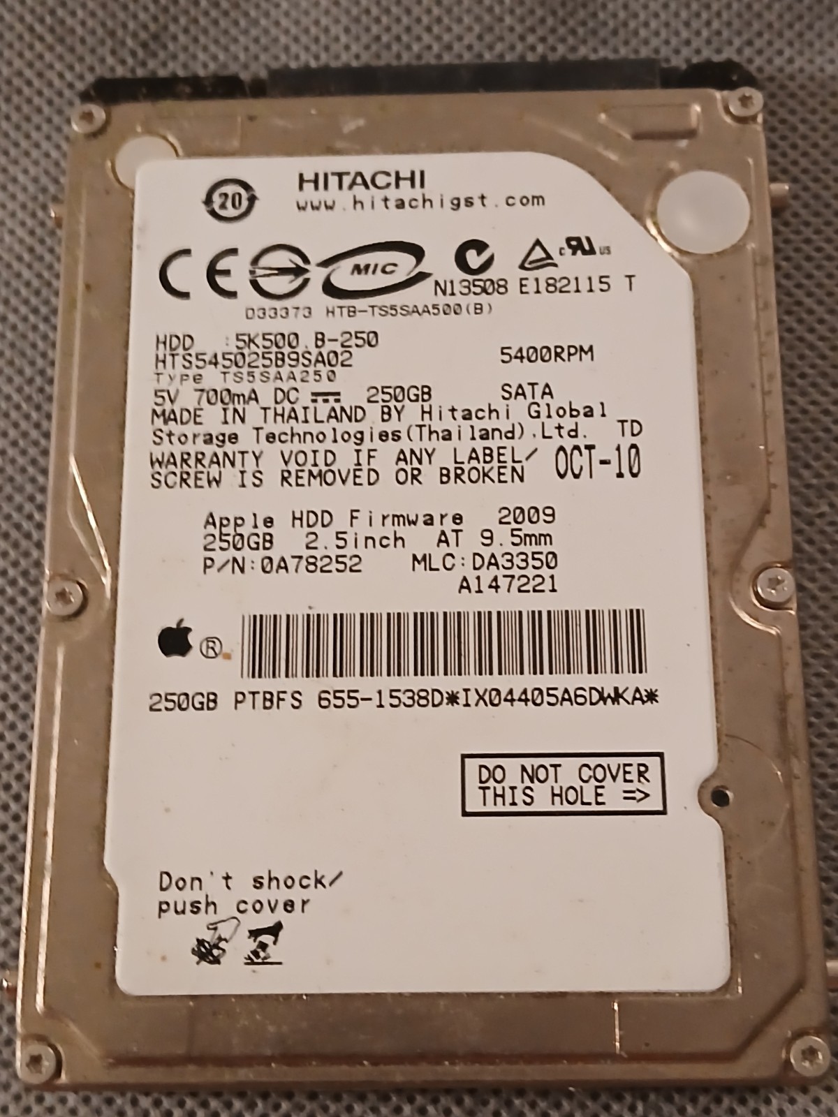 Hitachi Apple 250GB 2.5" SATA HDD 5400RPM HTS545025B9SA02 0A78252 655-1538D Mac