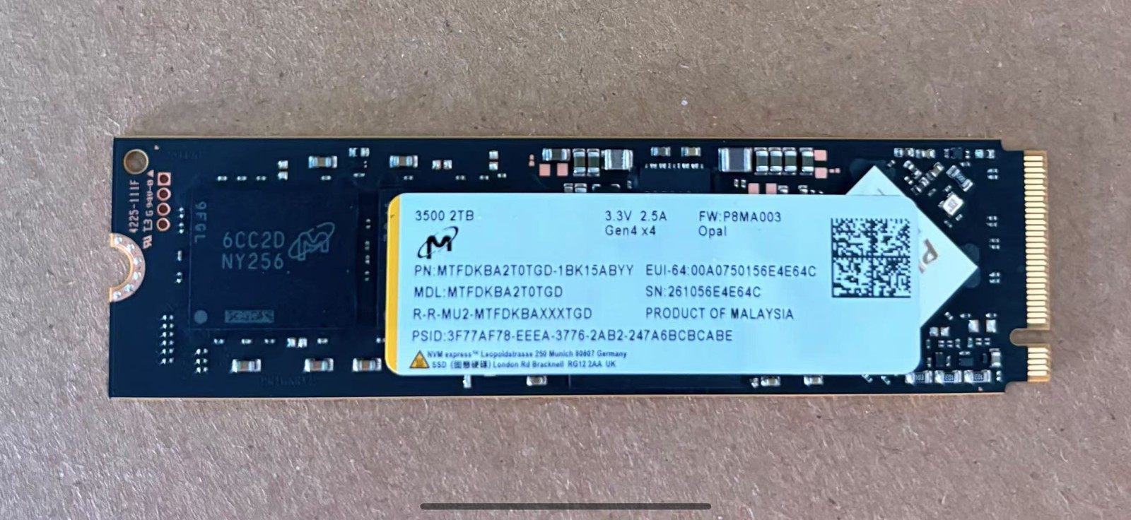 Micron MTFDKBA2T0TGD-1BK15ABYY 3500 2TB NVMe 3.3v 2.5A Gen4x4 Internal SSD