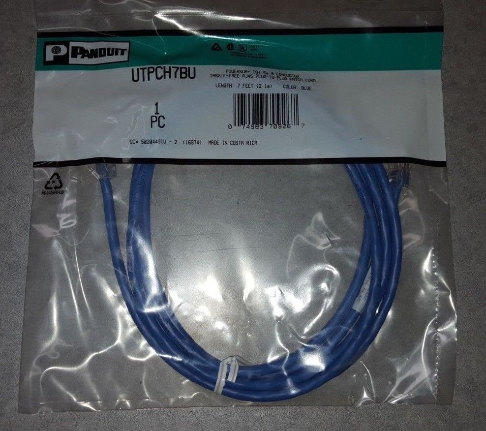 ( 2 Pcs) PANDUIT, UTPCH7BU, 7FT(2.13 M), Patch Cord RJ45, CAT5e, Blue