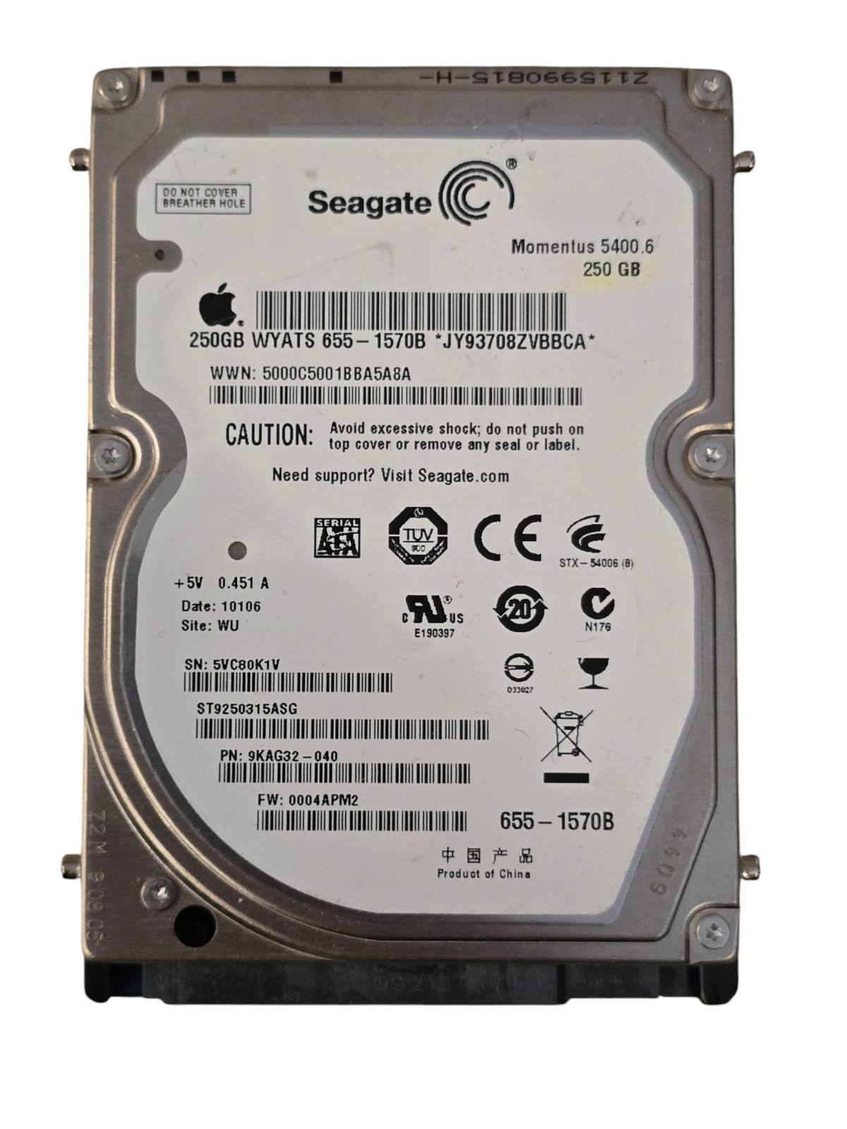 Seagate Momentus 5400.6 250GB 2.5" SATA HDD ST9250315ASG Apple 655-1570B MacBook