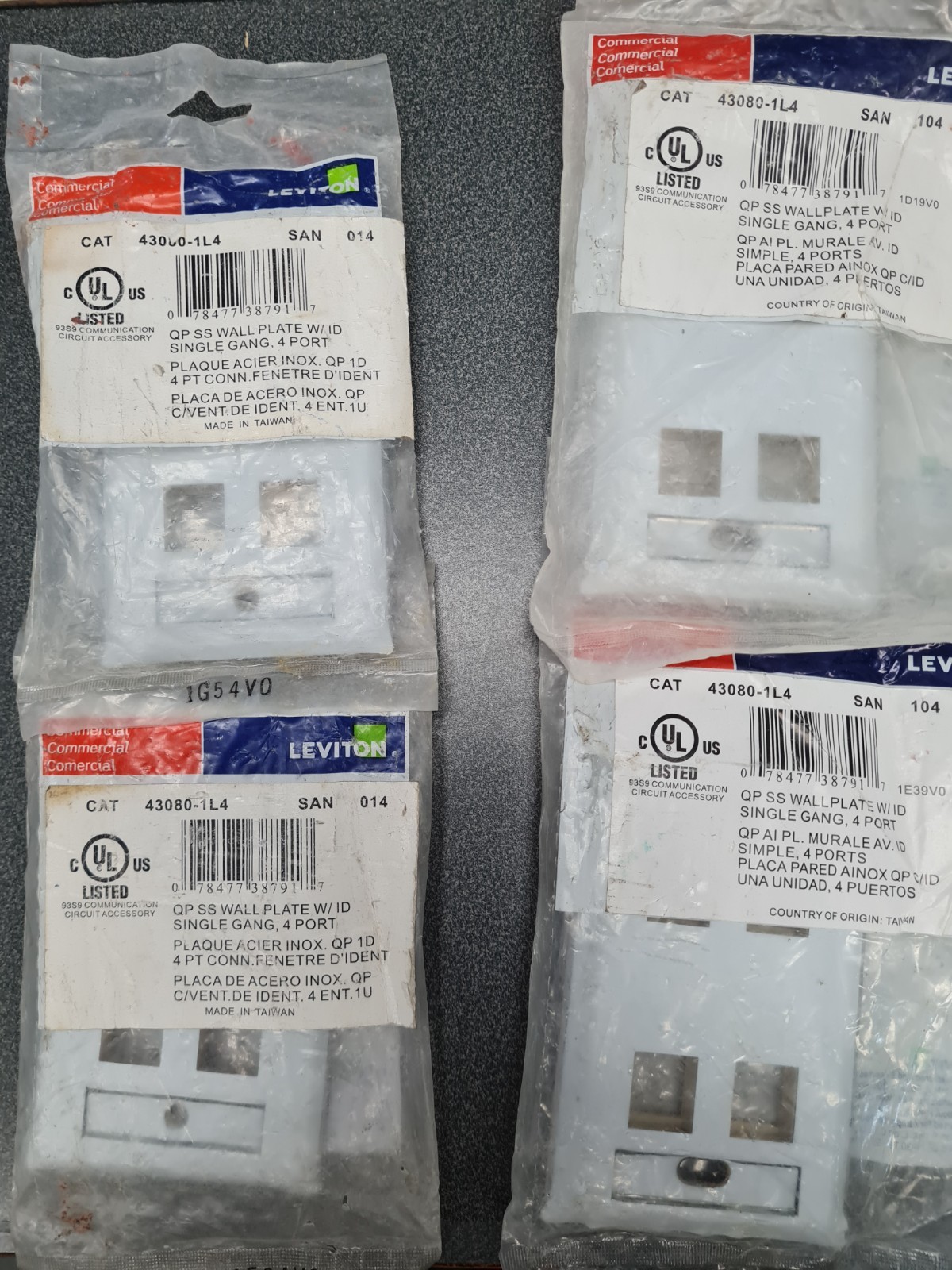 Leviton 43080-1L4 Stainless Steel Wallplate , 4-Port with ID Windows - Lot of 4