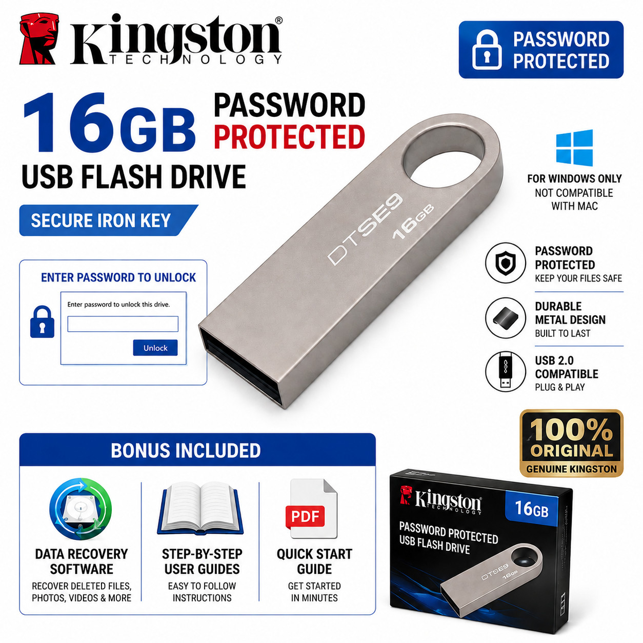 Kingston 32GB Password Protected USB Metal Flash Drive Secure IronKey Encrypted