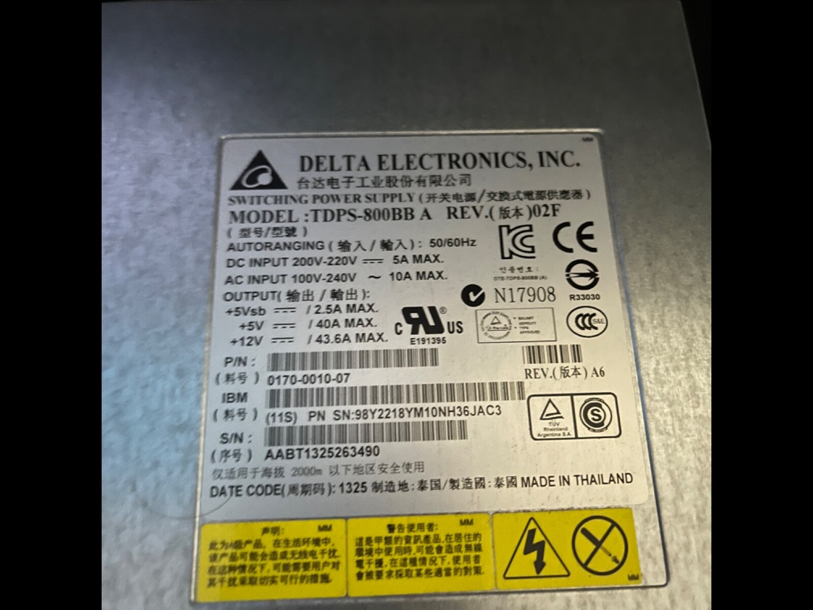 IBM 00WK807 98Y2218 800W Power Supply for Storewize V3700