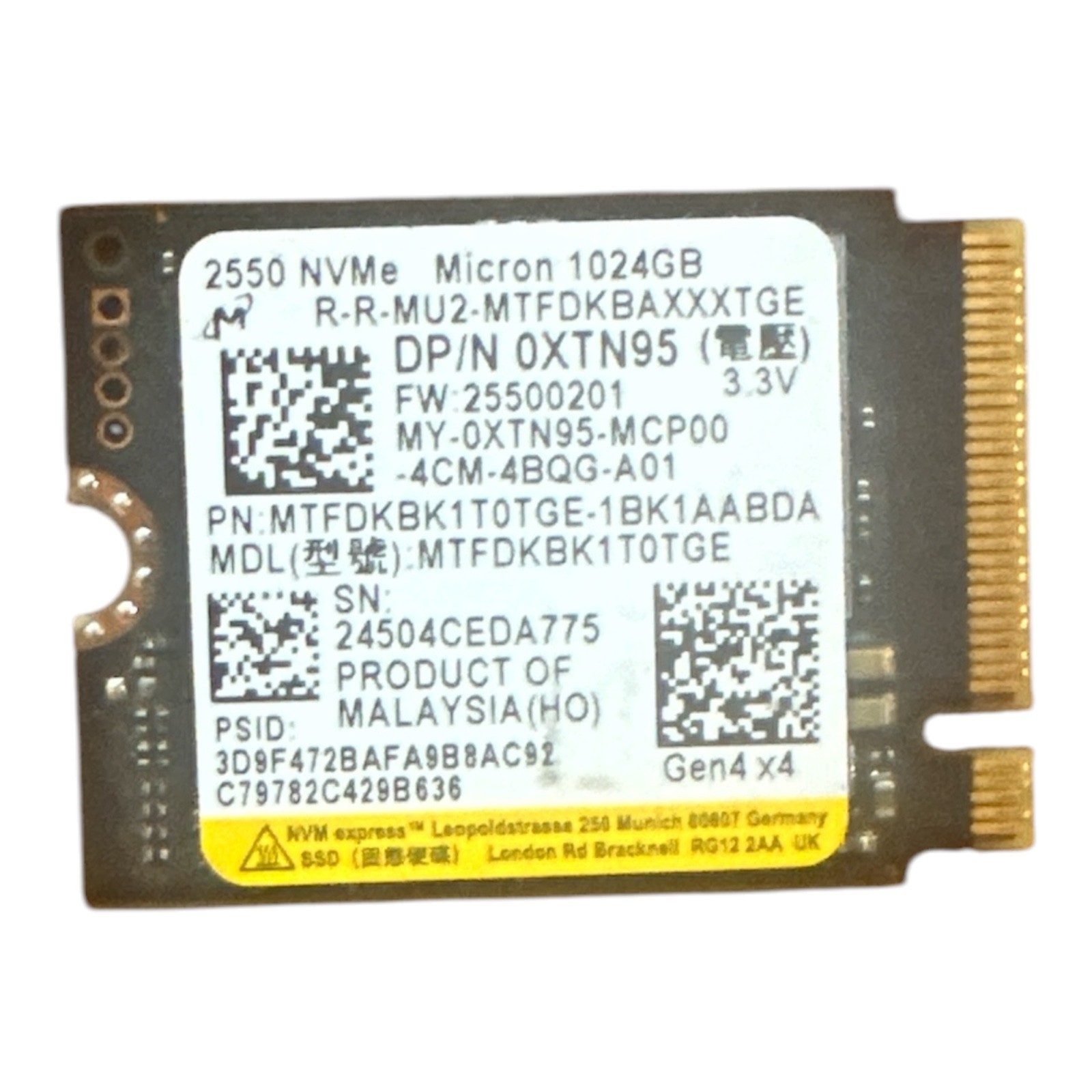 Micron 2550 NVMe 1024GB 0XTN95 Drive 99 % health and 100% Performace  Tested