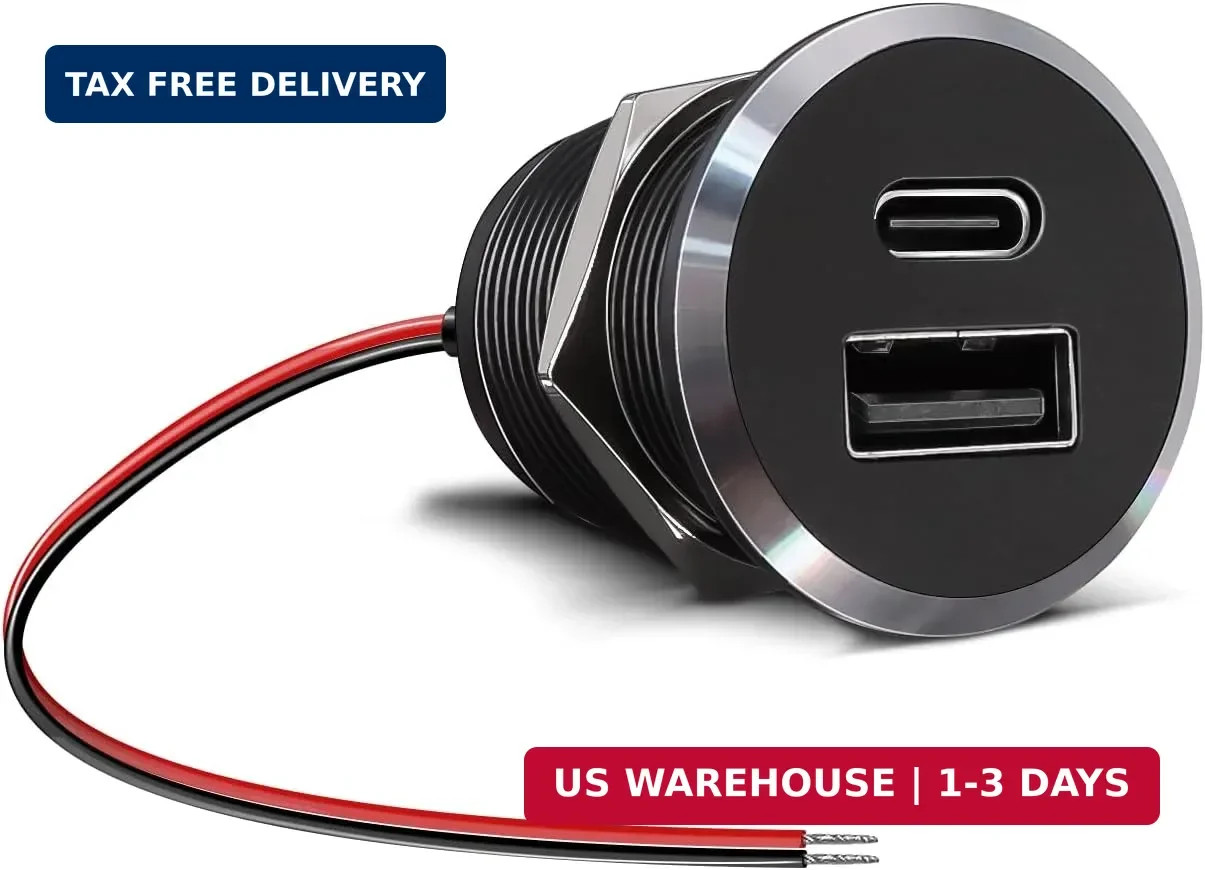 12V USB Outlet All-Aluminum QC 3.0 USB-A & USB-C PD3.0 Dual Fast Car Charger Soc