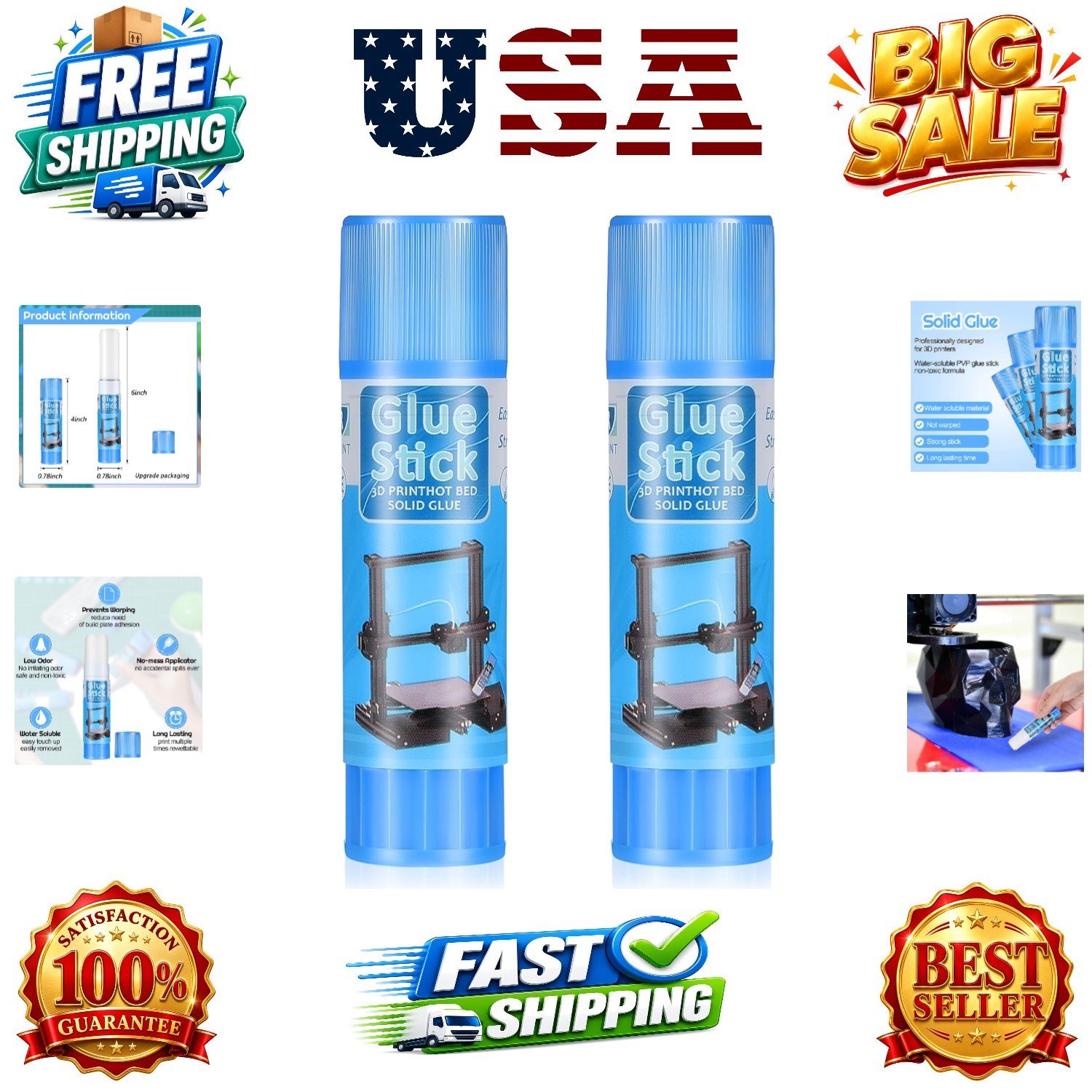 2 3D Printer Glue Sticks for Hot Bed PVP 3D Printer Adhesive Solid Glue Stick...
