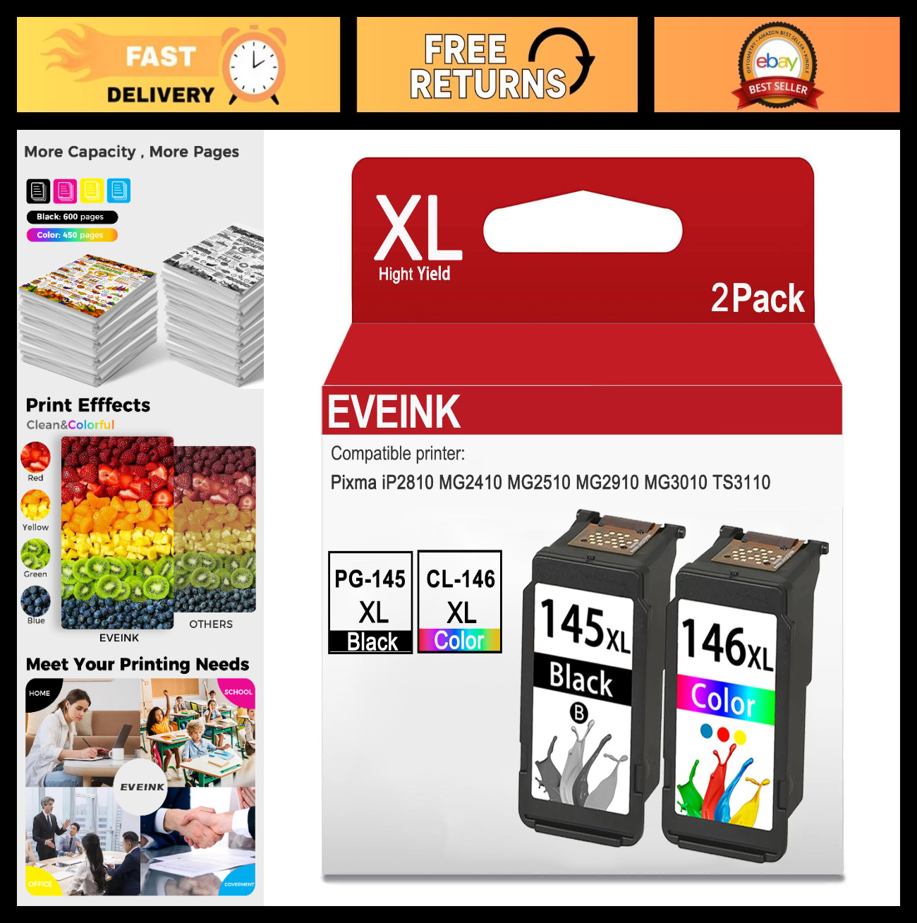 High Yield 145XL 146XL Ink Cartridges Replacement for Canon Printers - 1 Black 1