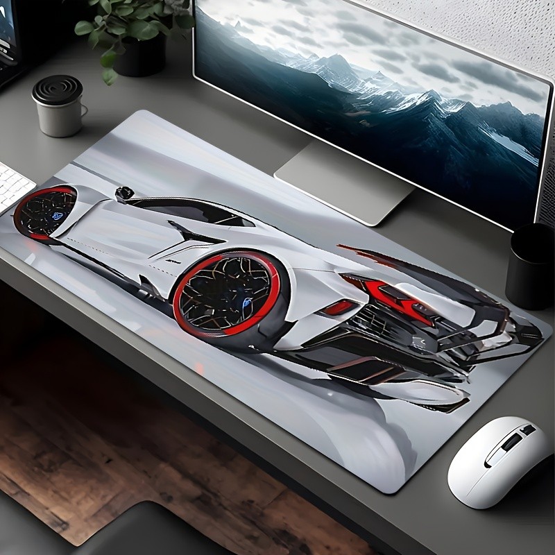 1pc Extra-Large Gaming Mouse Pad with White Sports Car Design, Non-Slip Rubber