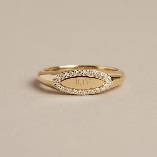 Diamond Halo Word Ring, Inspirational Engraved Message Ring, Personalized Oval S
