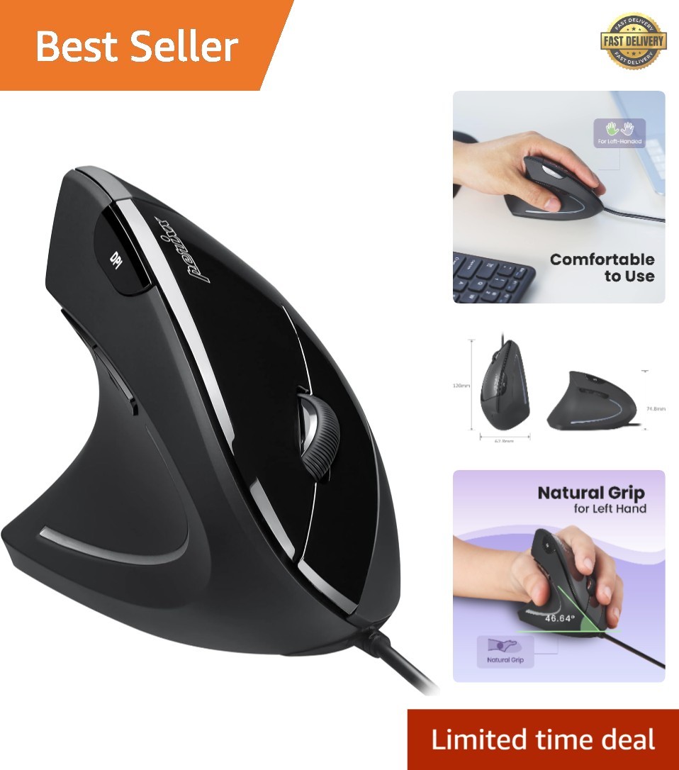 Perimice-513L Wired Vertical Ergonomic Mouse with 2 DPI, 6 Button Optical Erg...
