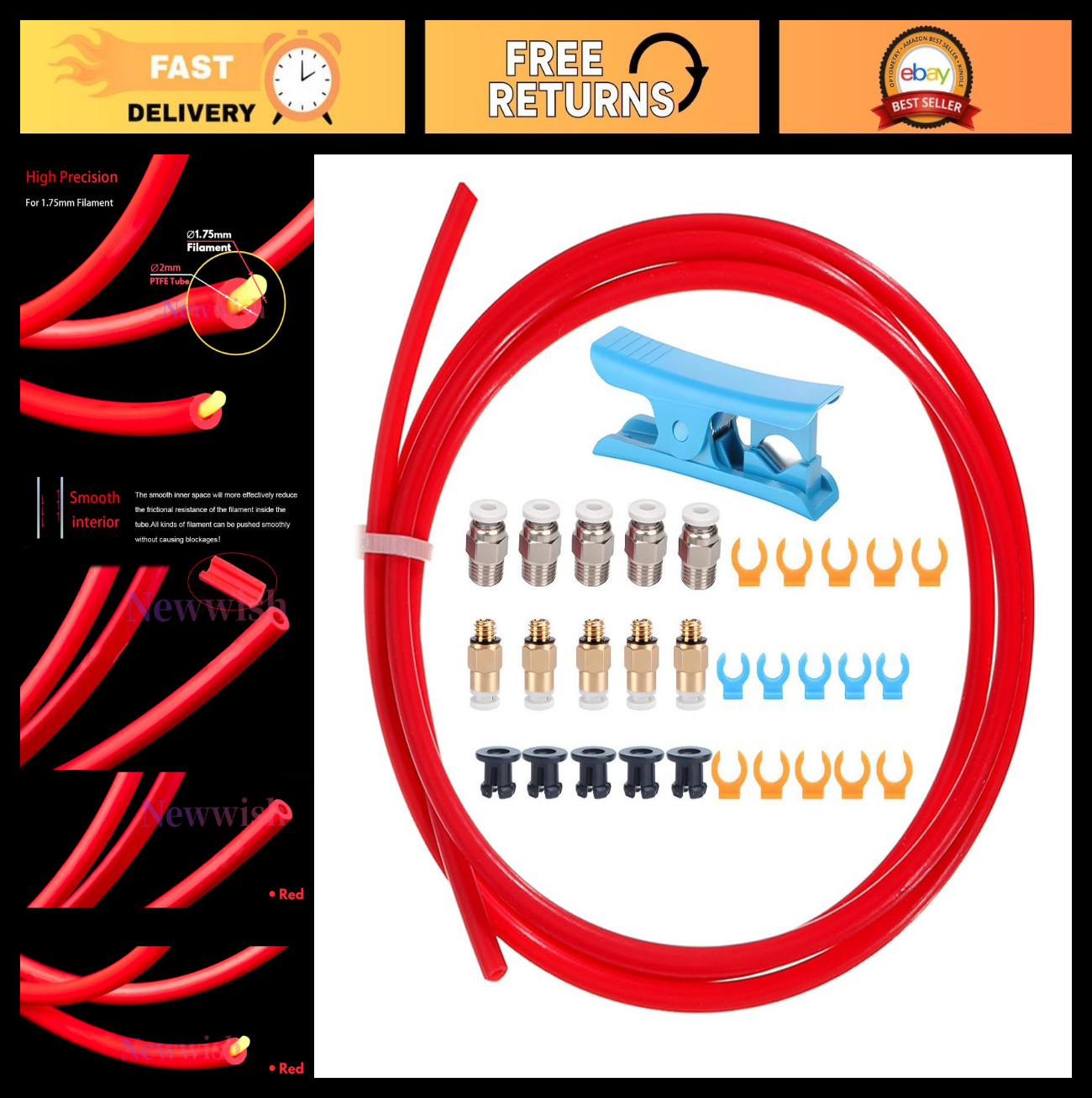 PTFE Tube Kit 3M ID 2mm OD 4mm, Red Teflon Bowden Tube for 1.75mm Filament, Conn