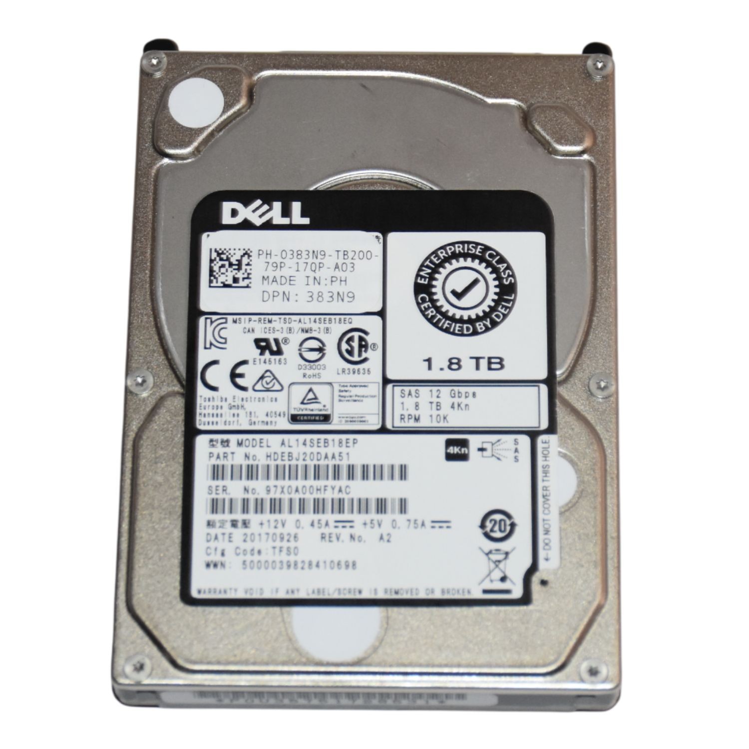 Dell Toshiba AL14SEB18EP 1.8TB 10K SAS 12Gb/s 2.5" Hard Drive HDEBJ20DAA51 383N9