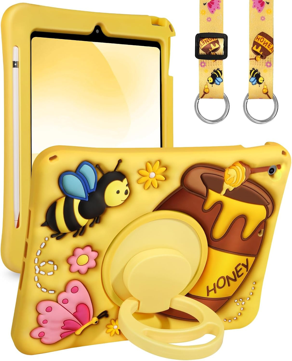 iPad 10.2 Case 9th 8th 7th Gen Yellow Kids Cartoon Stand Pencil Holder Soft Case