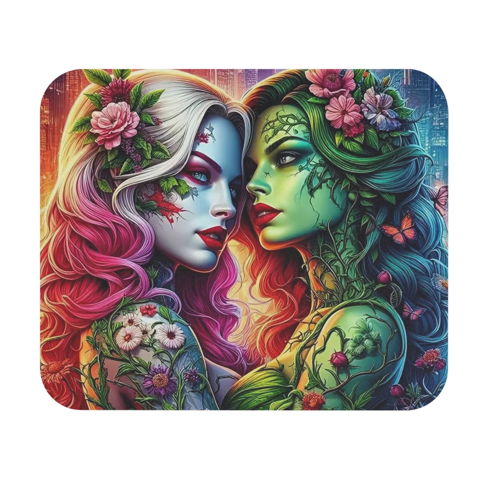 Harley Quinn and Poison Ivy Floral Duality Nature Art Mouse Pad Colorful Goth 