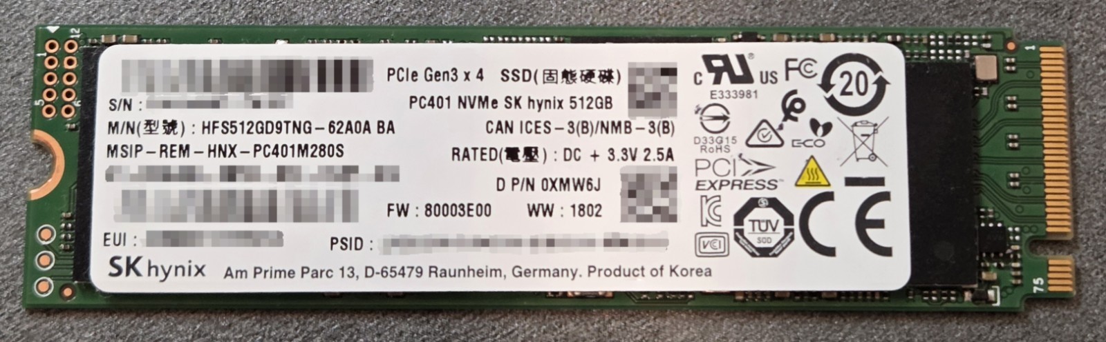 SK hynix PC401 512GB NVMe M.2 SSD PCIe Gen3 HFS512GD9TNG-62A0A Tested Good 91%
